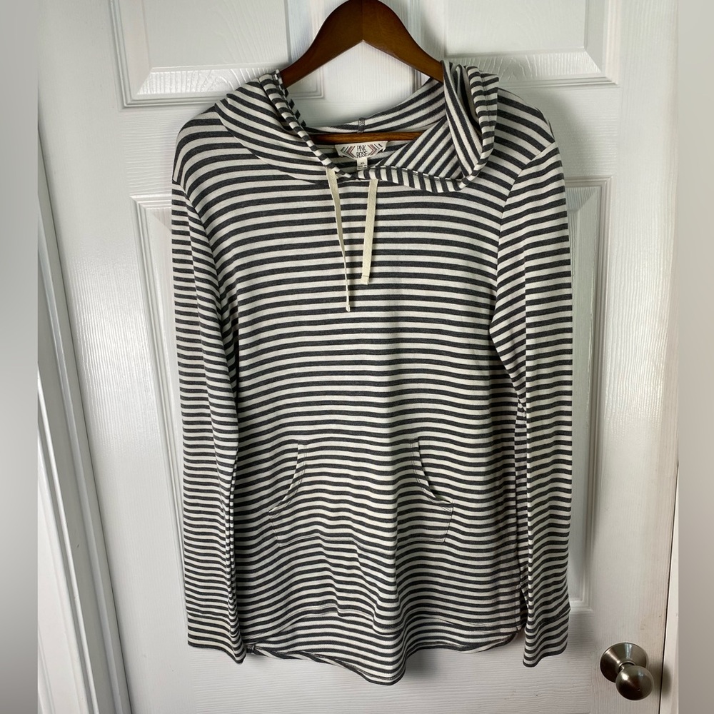 Pink Rose Gray Striped Pullover Hoodie Tunic          Size XL